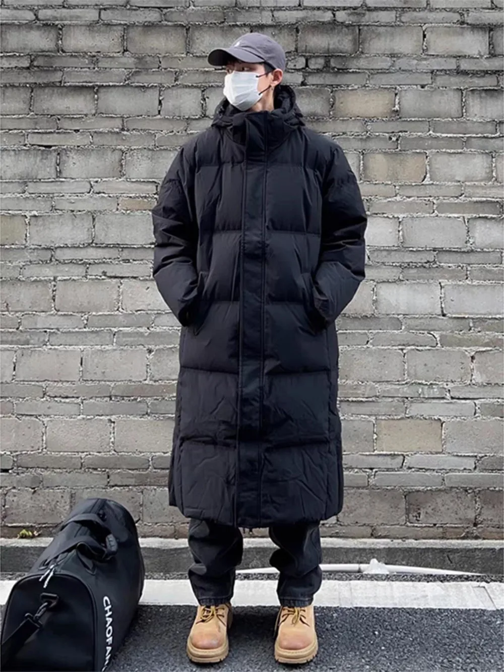 Black Hooded Mid Length Cotton Jacket with Padded Men in Winter Thickened Over The Knee Northeast Cold Resistant Coat Parkas