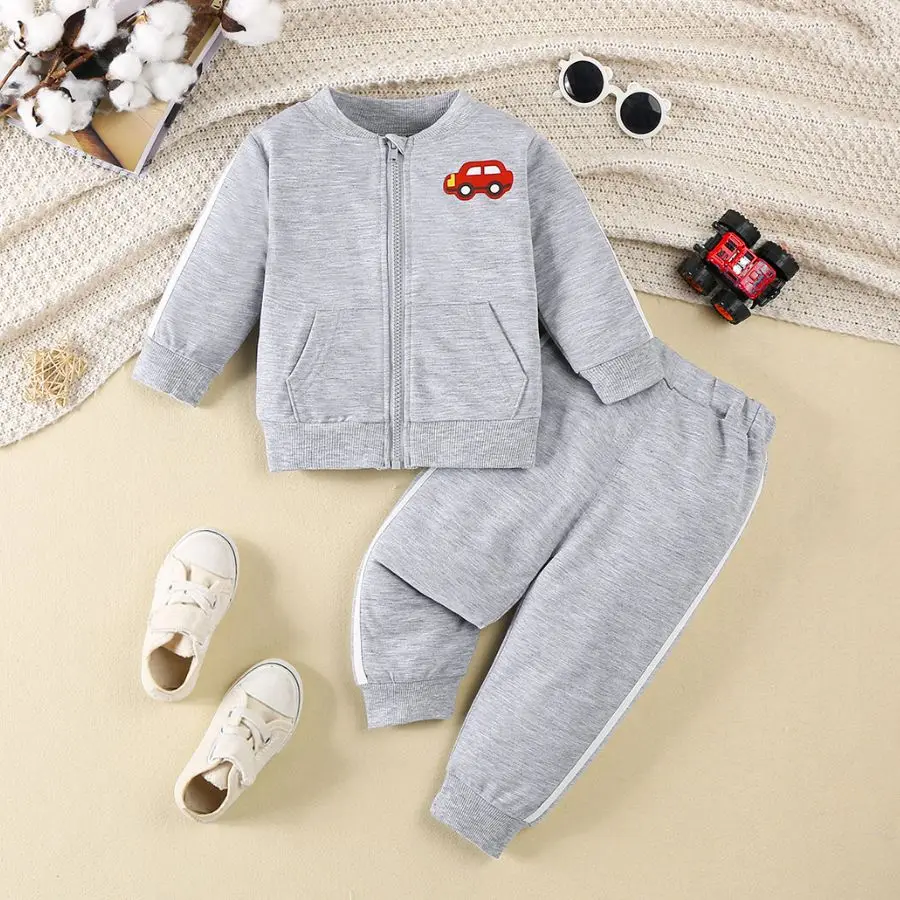 Boy\'s Clothing 2pcs Set Grey Baseball Hoodie Suit Infants Toddlers Car Print Pattern Cardigan And Pants Sets Casual Sportswear