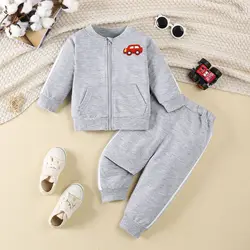 Boy's Clothing 2pcs Set Grey Baseball Hoodie Suit Infants Toddlers Car Print Pattern Cardigan And Pants Sets Casual Sportswear