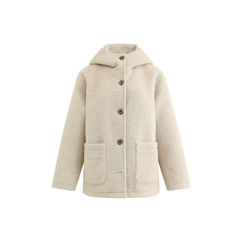 سترة صوفية لطيفة بغطاء للرأس للنساء، معطف تيدي قصير دافئ، ملابس خارجية بأزرار علوية، مظهر كاجوال شتوي، نمط مريح للاستخدام اليومي