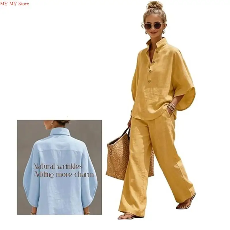 Two Piece Set for Women Spring Outfits 2026 Summer Fashion Casual Button Down Shirt Wide Leg Pants Lounges Set