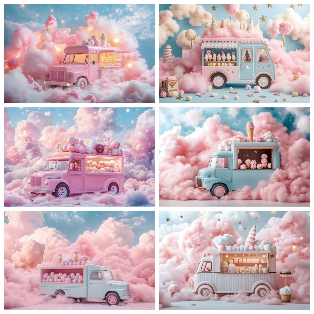 Happy Birthday Background Sweet Car Pink Cloud Princess 1st Birthday Baby Shower Party Kids Portrait Photography Backdrop Photo