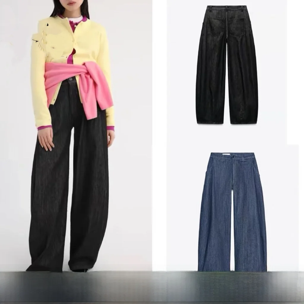 

Spring 2025 Women's ey Cotton Denim Effect Pleated Pants Loose Fit l Waist Pure Color Hong Kong Sle Jeans