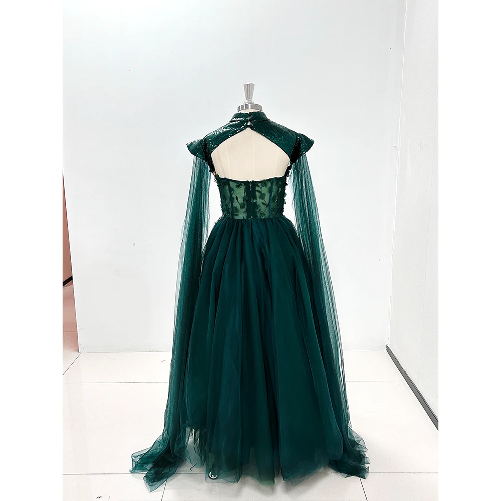 Chic Green Evening Dresses Cap Long Sleeve High Neck Floor Length Appliques Sweep Train Prom Dress Special Occasion Vestidos