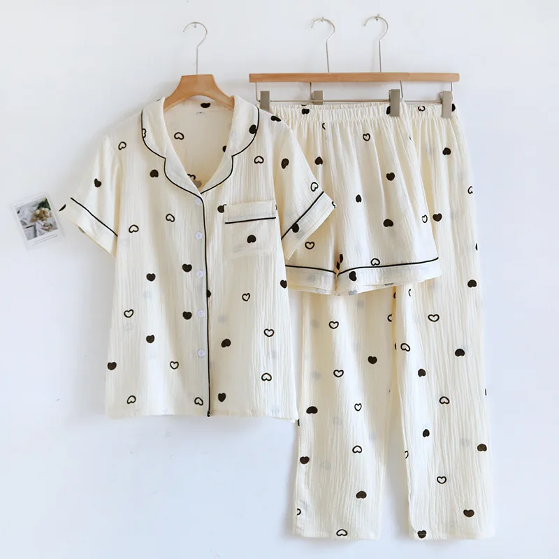 

2025 Japanese New Spring/Summer Women's Pajama Set 100% Cotton Crepe Love Short Sleeves+Shorts+Pants Three Piece Loose Home Fury