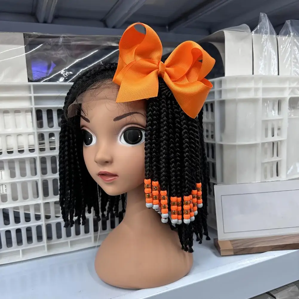 Kids African Ponytail Wig with Colorful Bows Beads High Temperature Wire Children Wig with Beaded Ponytails Hair Decoration Wig