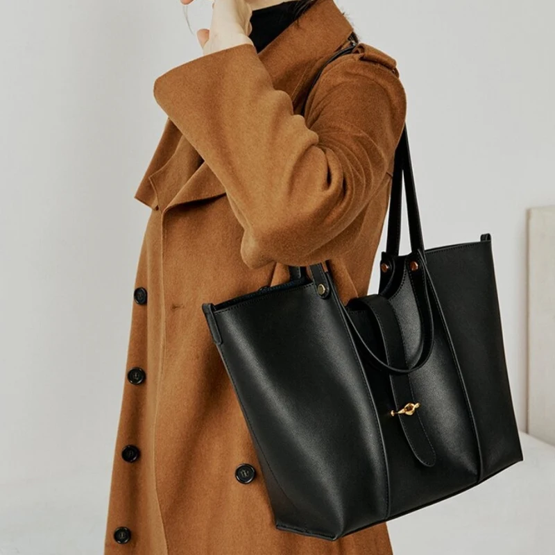 Women’s Minimal Genuine Leather Tote Bag for Women Oversize Capacity Luxury Handbag Hobo Bag Unique Double Space Bucket Bag 2024