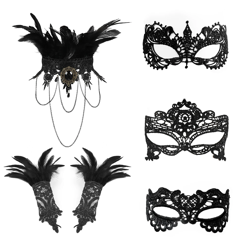 Cosplay Prop Handmade Lace Eye Mask Feather Cuffs Masquerade Party Costume Party Black Feather Choker Gothic Rave Accessories