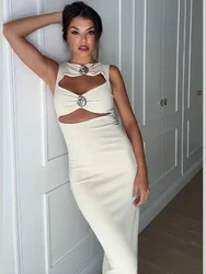 Ladies Fashion Hollow-out Solid Long Dress Women Elegant Round Neck Seashell Decor Sleeveless Slim Summer Party Dresses Robes