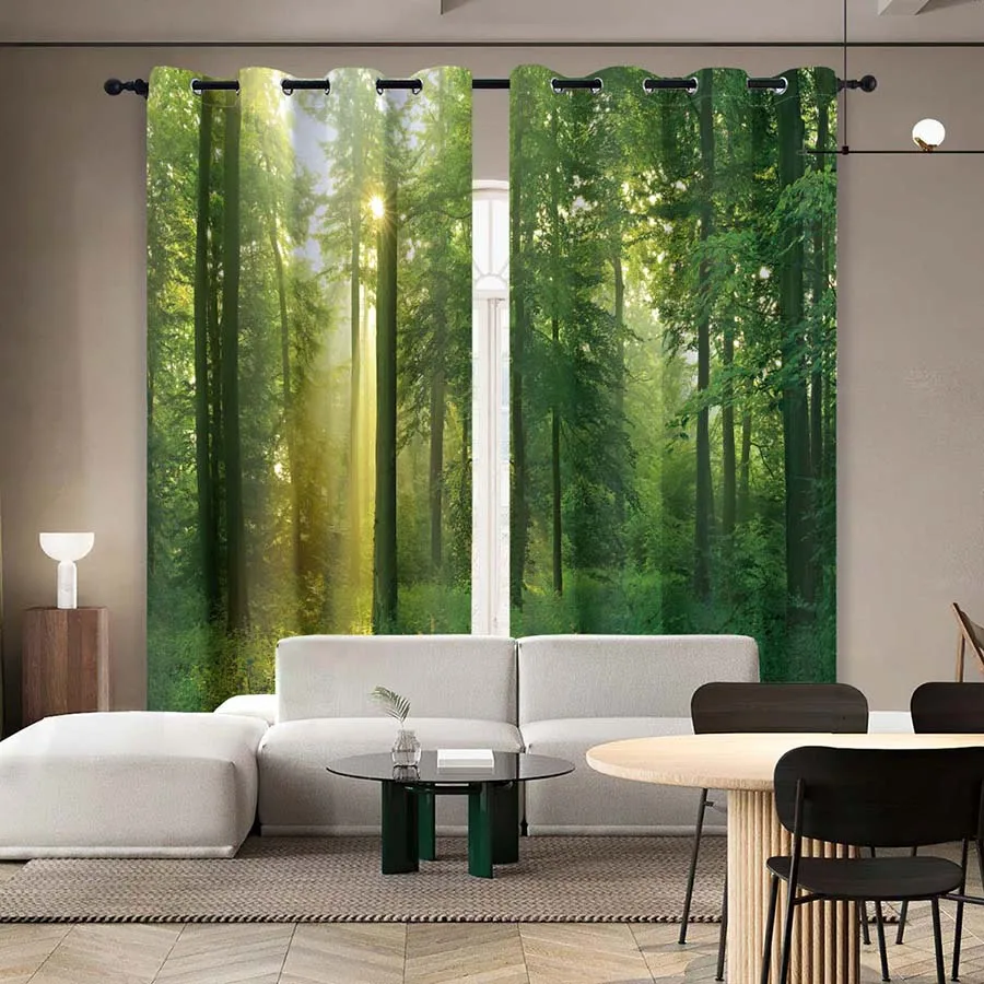 2PC high blackout perforated curtains, double-sided matte, bedroom, balcony, living room, fresh green forest print