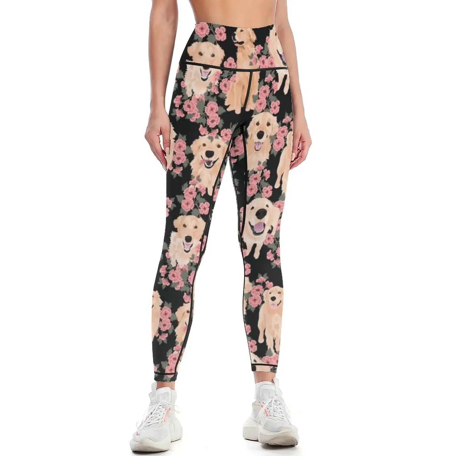 

Golden Retrievers and flowers on Black Leggings Fitness's gym clothes trousers for physical sports for gym Womens Leggings