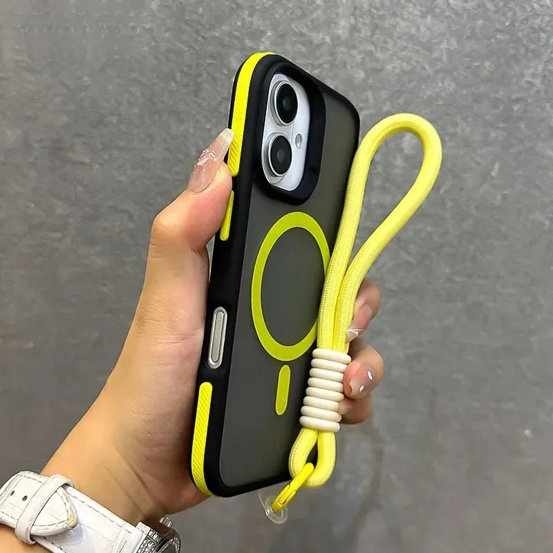 

for Magsafe Double Color Wrist Strap Case for iPhone 16 15 14 Pro Max Plus 13 12 Lanyard Matte Magnetic Shockproof Hard Cover