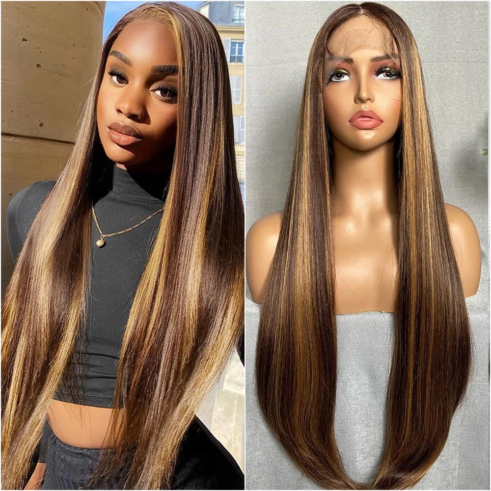 

P4/27Colored Highlight Bone Straight Unprocessed Human Hair Lace Wig 13X4 and 13x6 HD Transparent Lace Wig 220 Density For Women