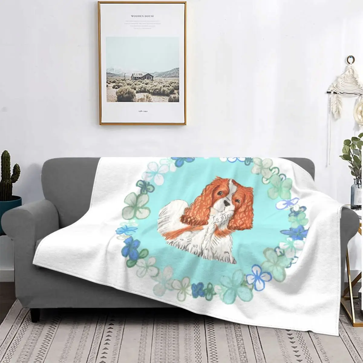 Cavalier King Charles Spaniel Dog Blanket Fleece Flannel Blue Flower Garland Animal Throw Blankets for Sofa Office Bed Quilt