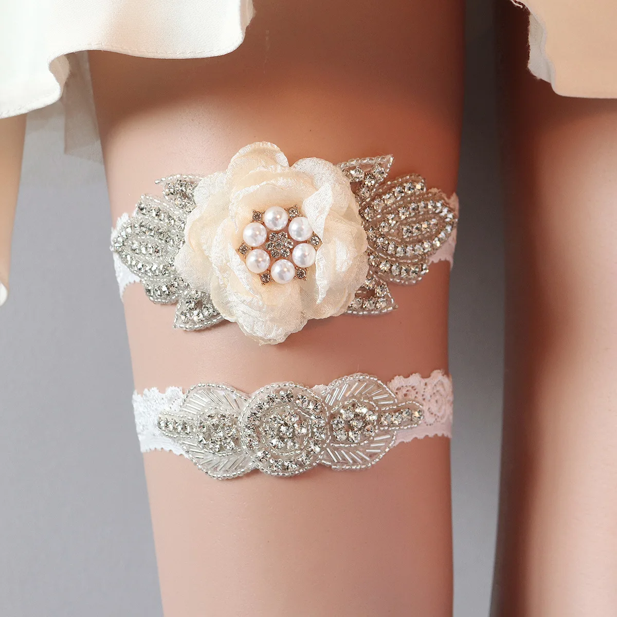 Wedding Bridal Lace Leg Garter Bride  Rhinestones Crystal Imitation Pearls Women Elastic Thigh Decoration Ring Strap