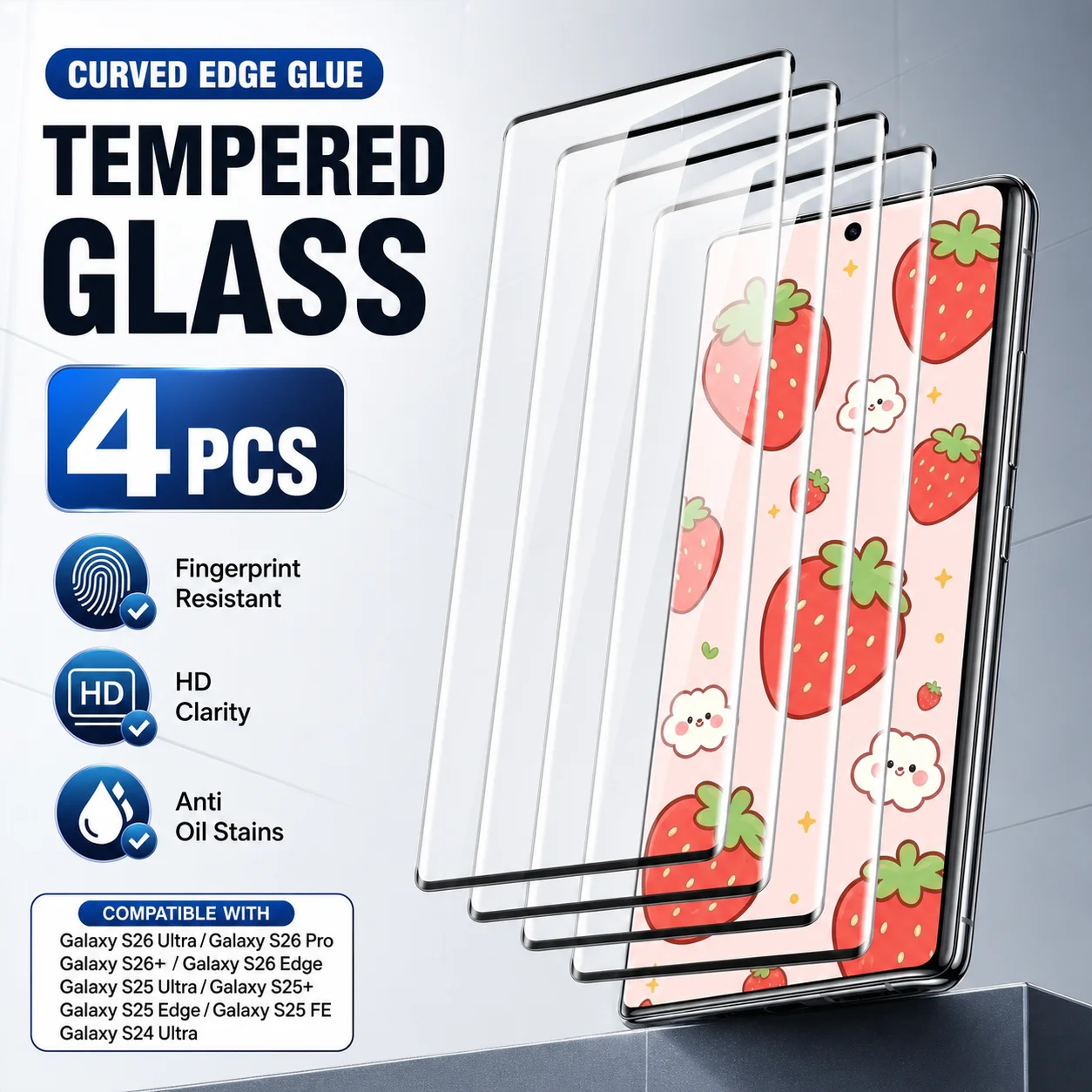 4PCS Full Coverage HD Tempered Glass For Samsung Galaxy S26 S23 S25 Ultra S24 S22 S21 S20 Plus S25 S24 FE Curved Protector