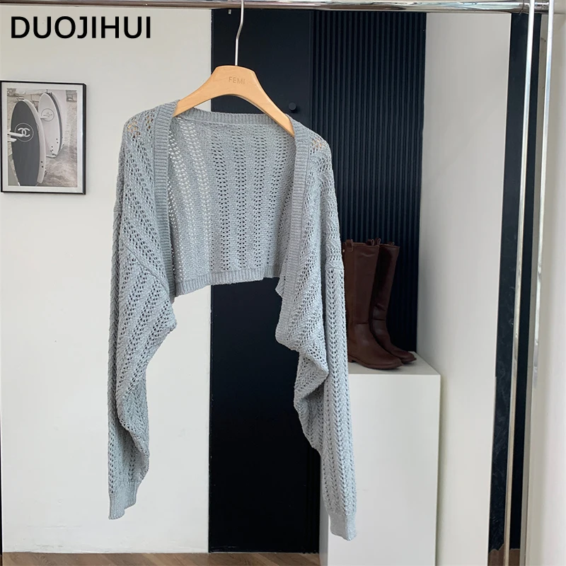 

DUOJIHUI Autumn Basic Simple Loose Casual Women Cardigan New Chic Hollow Out Fashion Long Sleeve Pure Color Knit Female Cardigan