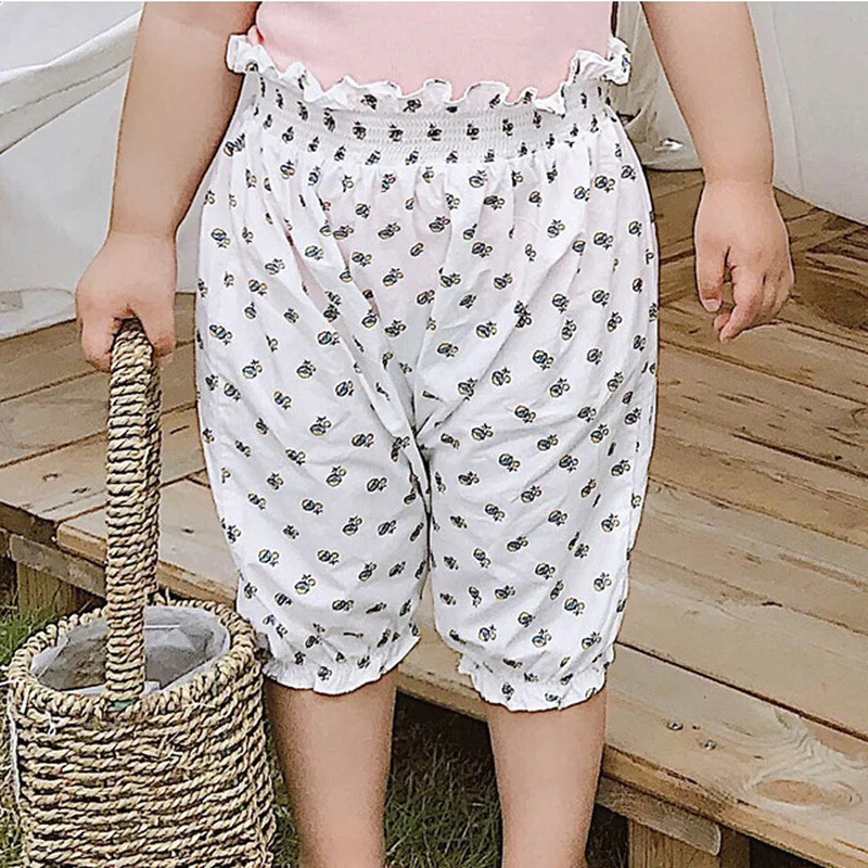 

Summer New Kids Pants and Capris Girl Woven Print Waist Pants Fashion Children's Comfortable Cotton Cropped Pants