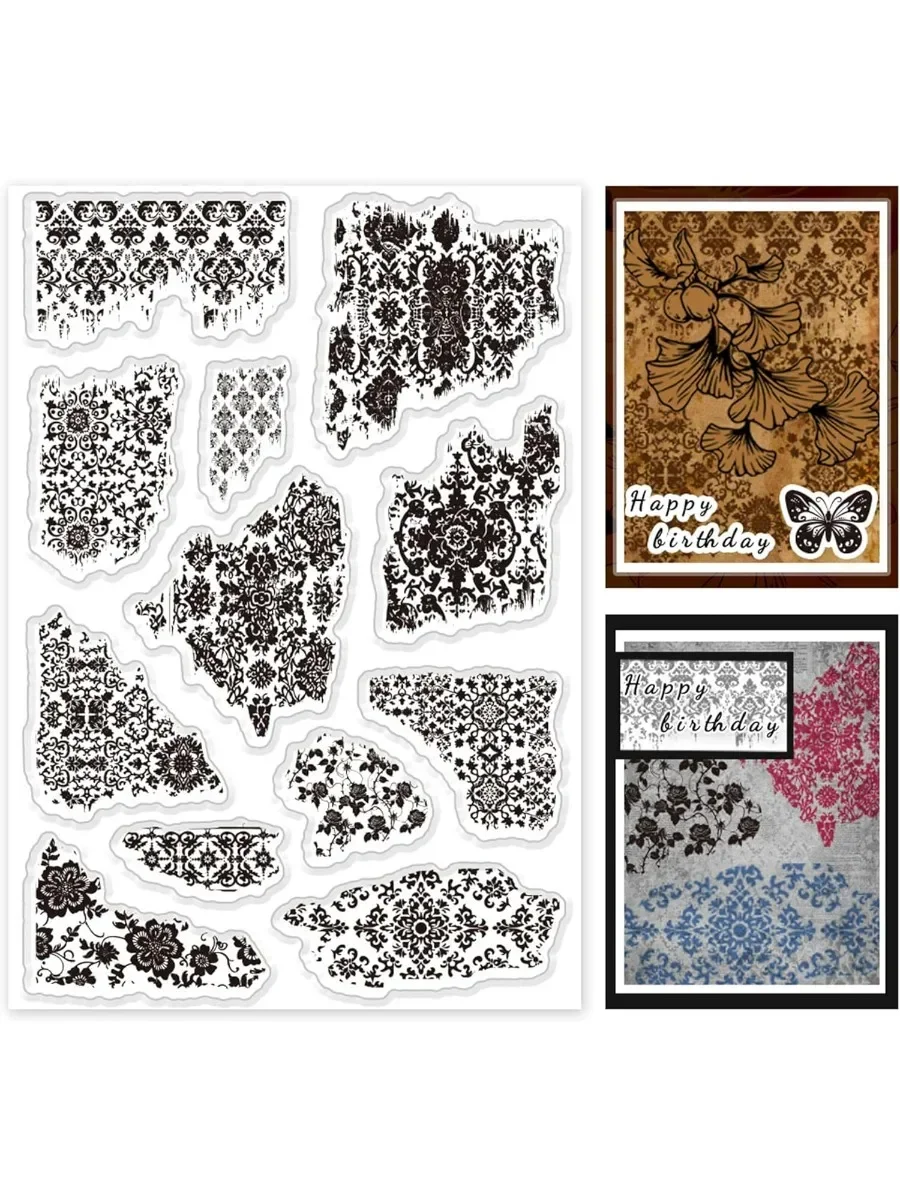 1Sheet Vintage Texture Background Clear Stamp Set 12pcs Transparent Rubber Stamp Retro Silicone Stamp for Scrapbooking Card