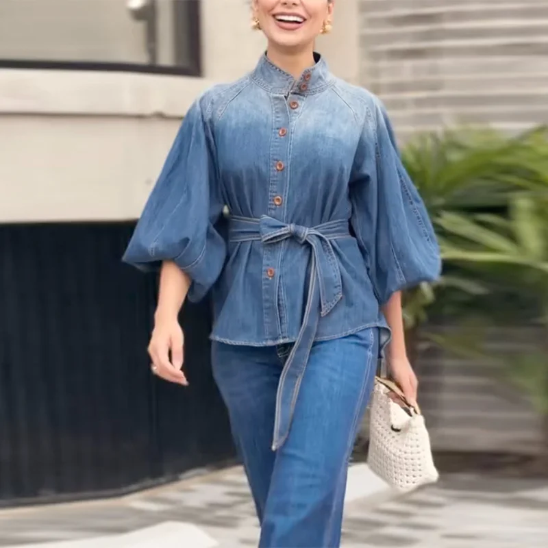 

Modigirl 2025 New Fashion Tied Waist Blouse for Women Loose Gradient Buttoned Puff Sleeves Stand Collar Shirts Tops Clothes