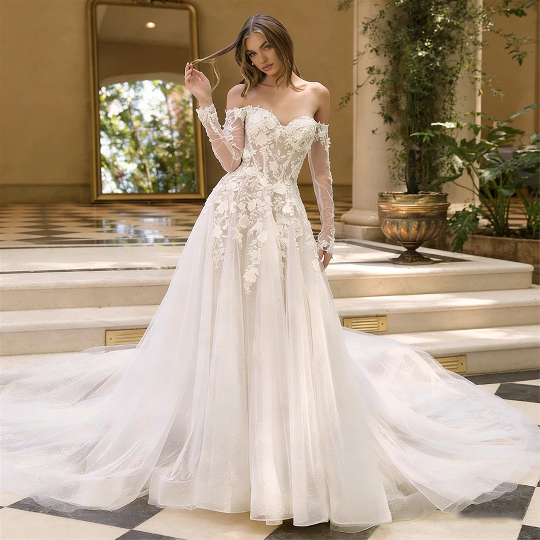 

Luxury Flowers Civil Wedding Dresses Sweetheart Long Sleeve Ruched Appliques Lace vestidos de novia Elegant Formal Brides Dress