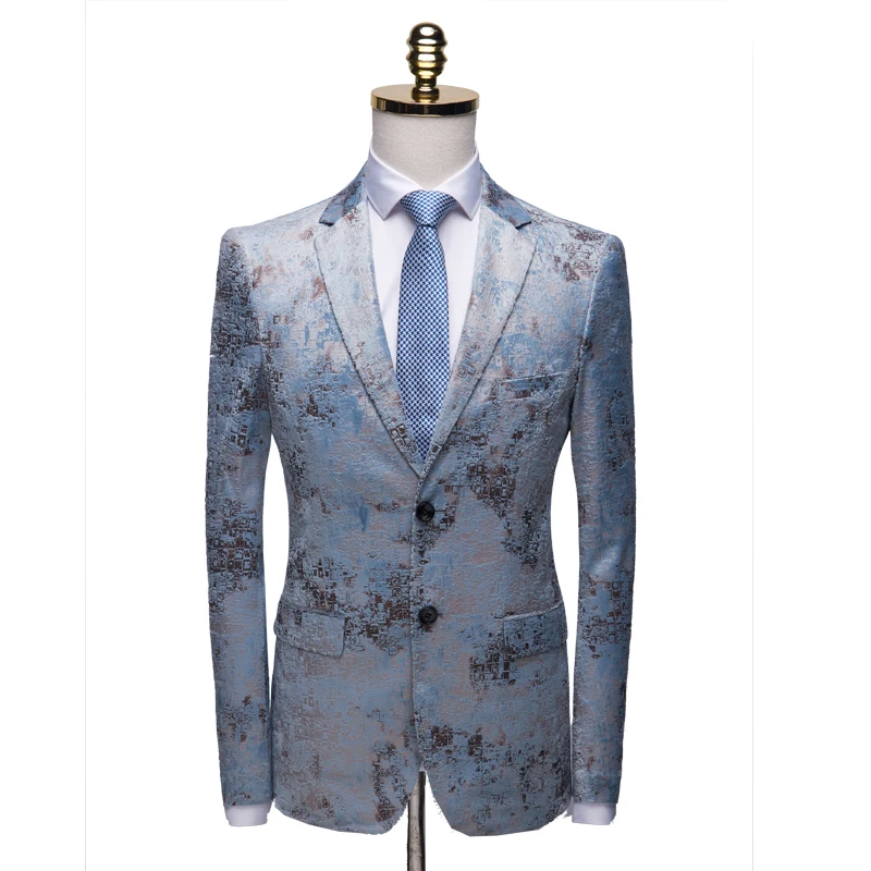 Fashion Jacquard Blazer For Men Light Brown Blue Floral Pattern Wedding Groom Prom Dress Suit Jacket Mens Casual Blazers Q821