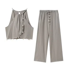 2024ZAR4 Summer New Women's European and American Style Hanging Neck Sling Top Lacing Elastic Waist Casual Pants Set