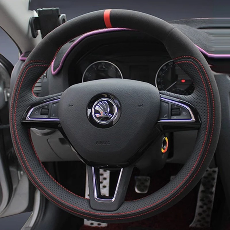 Car Steering Wheel Cover Suede Genuine Leather For Skoda Octavia Fabia Rapid Spaceback Superb (3-Spoke) Steering-Wheel Cover