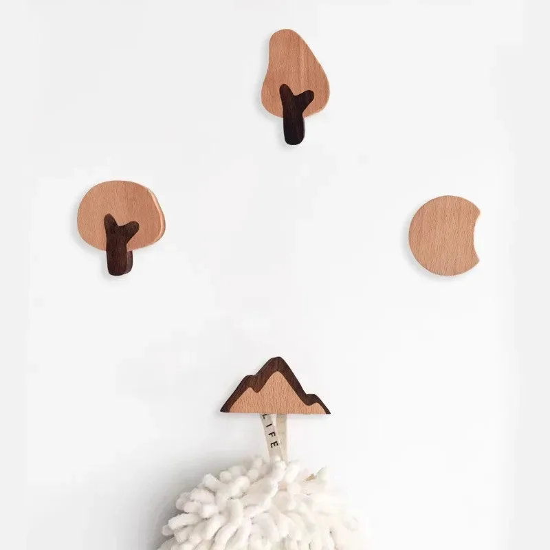 Solid Wood Hooks for Kids, Cute Tree, Crescent, Mountain Drawer Pulls, Nordic Ins Style, No-Drill Wall Hooks for Kids