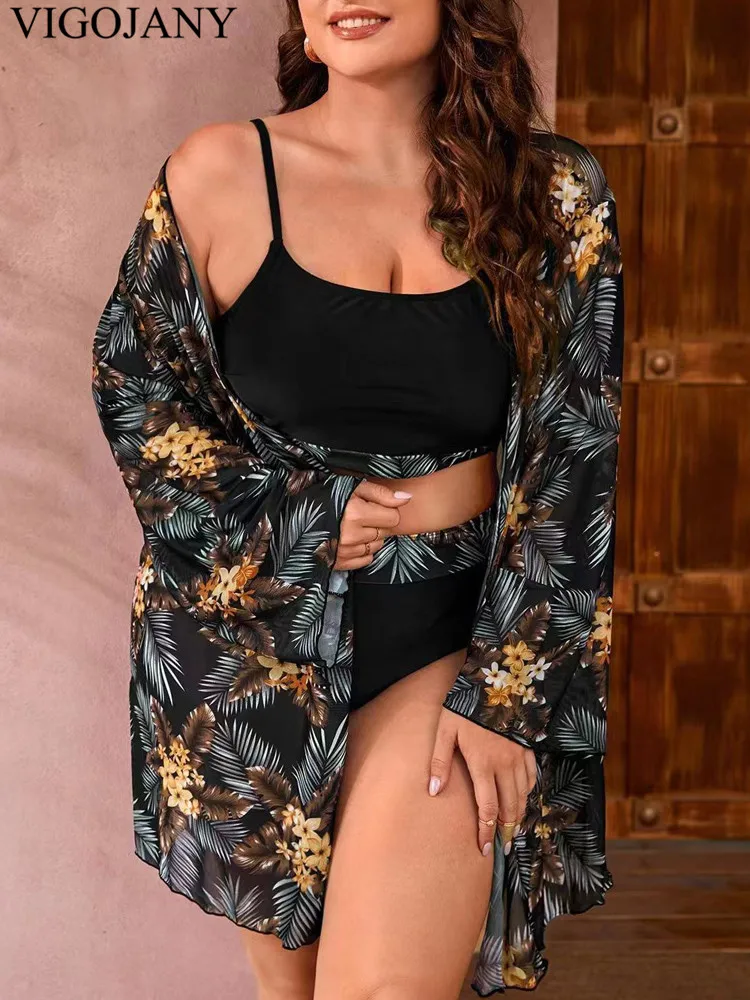 VigoJany 2025 Print 3 Piece Long Sleeve Smock Plus Size Bikini Set Women Push Up Big Swimsuit High Waist Chubby Bathing Suit