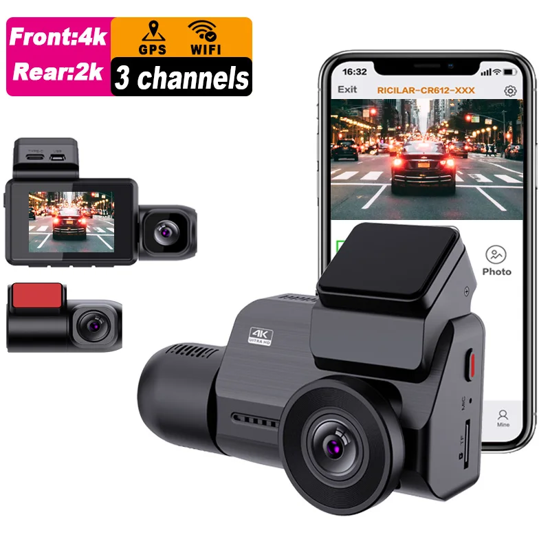 2.0 inch mini 4k wifi gps 3 channel night vision dash cam front and rear and inside dashcam 3 lens car dvr 4k dashcam