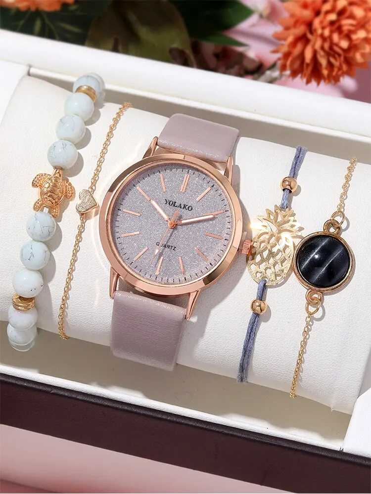 5pcs Fashion Versatile Starry Sky Women's Belt Quartz Watch with Bracelet Combination Set