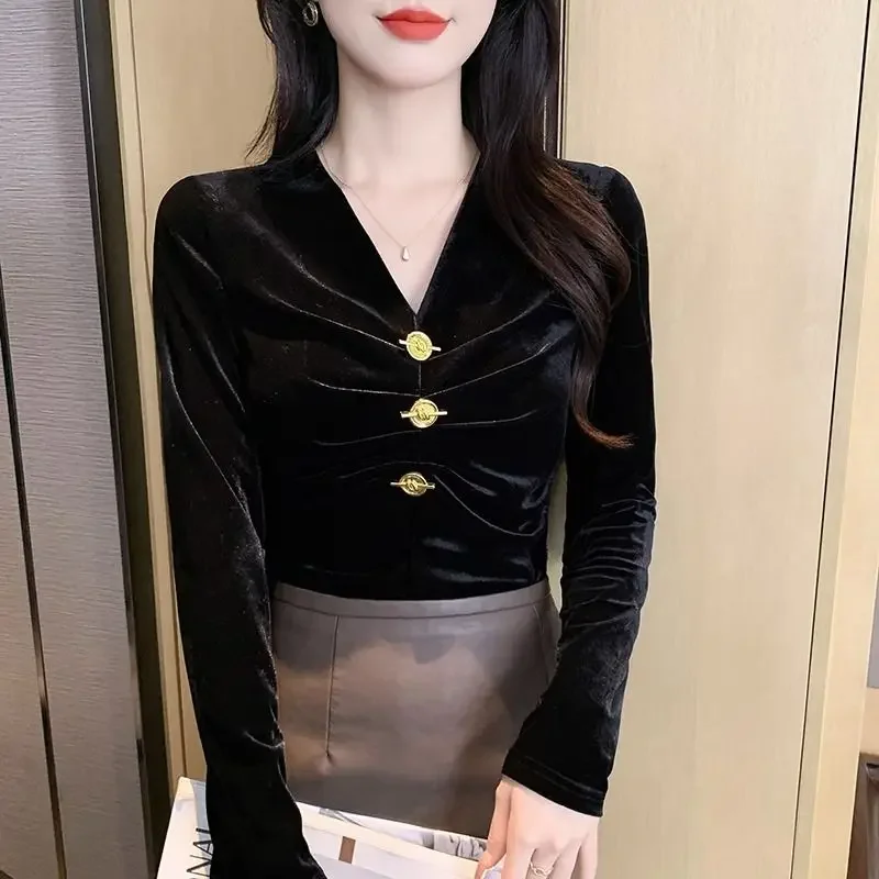 

Versatile Long Sleeved Button Slim Fit Tops Design Pleated V-neck Harajuku Women Autumn New T-shirt Velvet Slim Shirts for Women