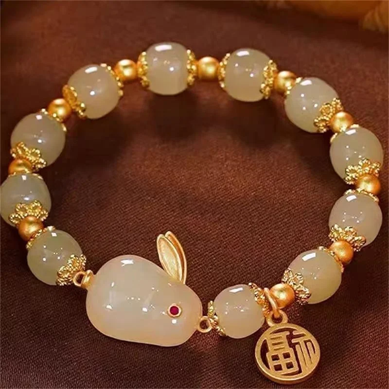 1Pc Red Green Blessing Lucky Couple glass friendship rabbit bracelet fashion natural stone bead for Women Jewelry Gifts