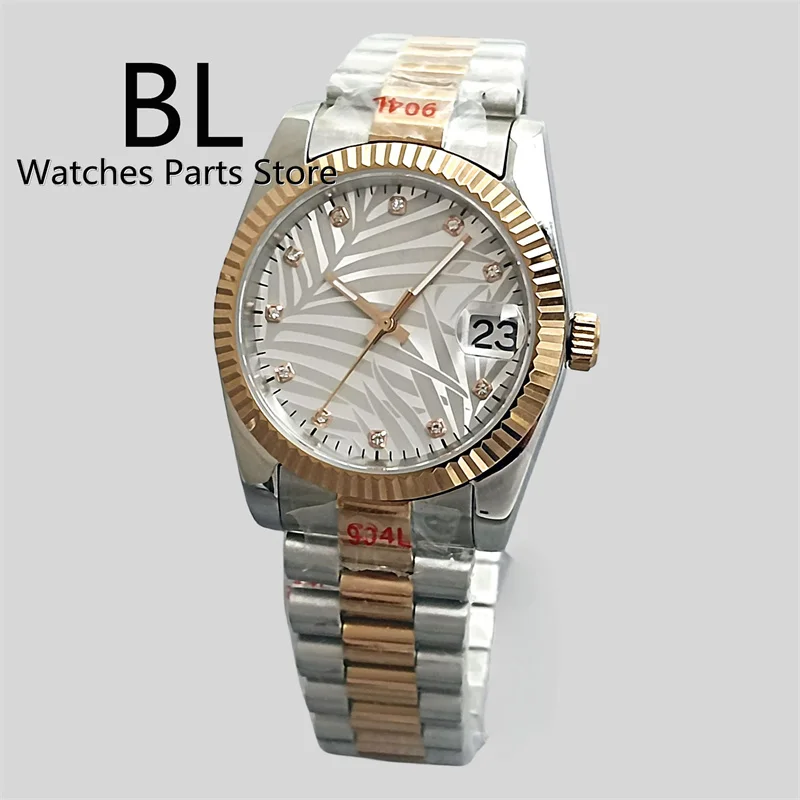 

BLIGER Luxury Palm Leaf Dial NH35 Watch For Men 36mm/39mm Two Tone Rose Gold Fluted Bezel Sapphire Glass President Strap Jubilee