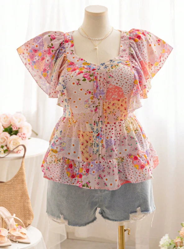 Plus Size Women's Niche Design Small Floral Ruffled Lace Trim Ruffle Sleeve New Stylish Sweet and Spicy Girl Top Shirt - view 6