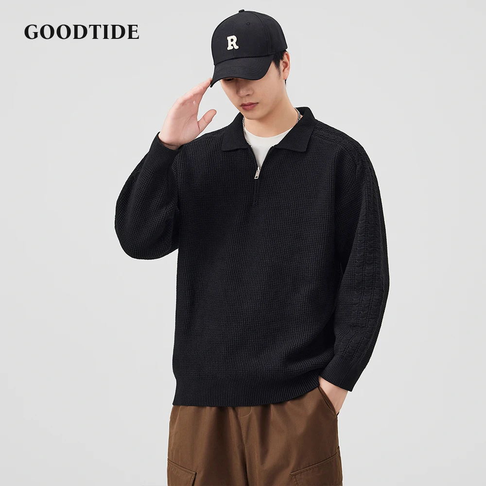 Fashion Men's Casual Polo Collar Half - Zip Sweater 2025 Autumn Winter New Waffle Knit Pullover Soft Long Sleeve Jumper Top