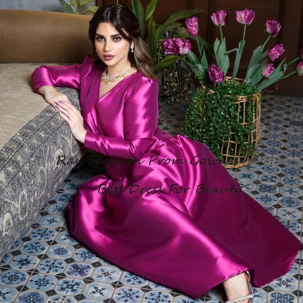 

Ray Fashion A Line Evening Dress Satin V Neck With Long Puff Sleeves Simple For Women Formal Occasion فساتين سهرة Saudi Arabia