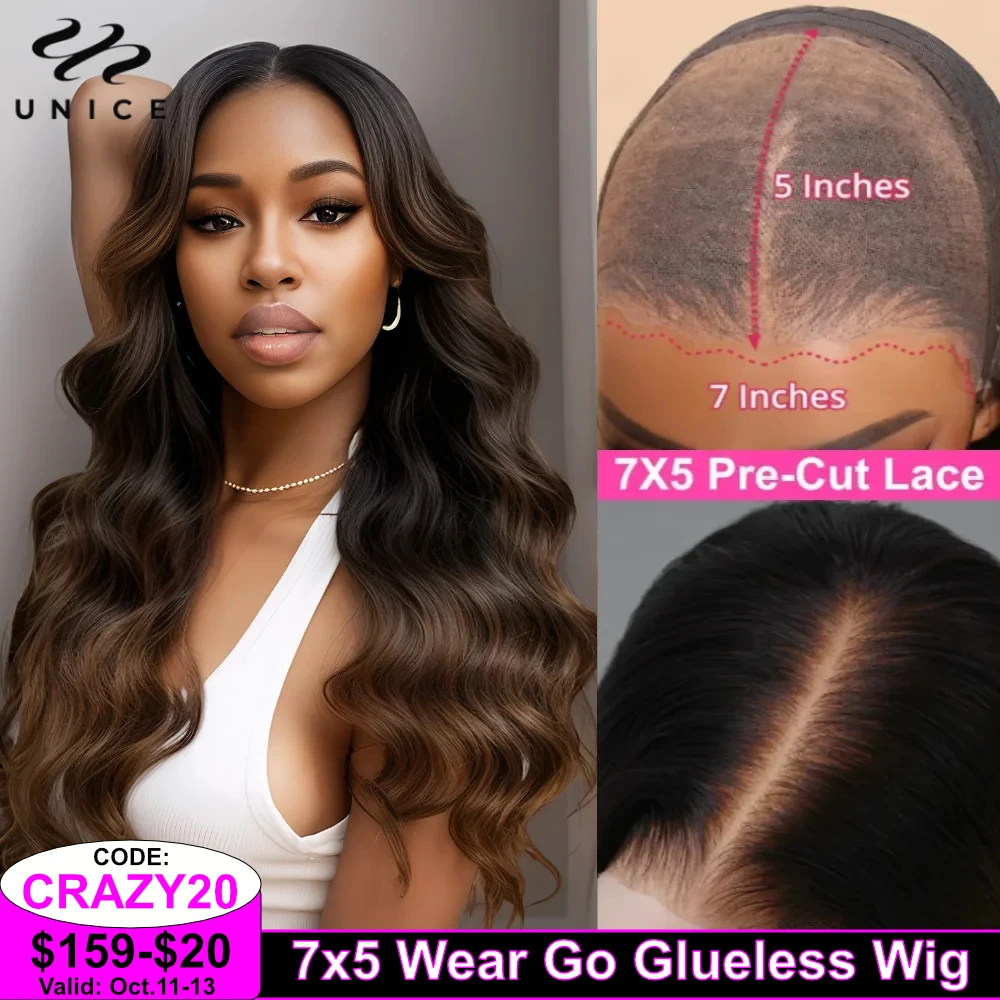 

UNice Hair Pre Everything 7x5 Lace Wear Go Glueless Wig Ombre Brown Loose Wave Human Hair Wig Pre Cut Pre Bleached Lace Wig