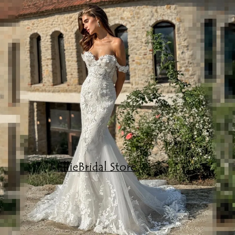 Vestidos de novia de sirena de diseño para mujer, vestidos de novia de lujo con apliques de encaje y hombros descubiertos, bata de boda personalizada para mujer 2024