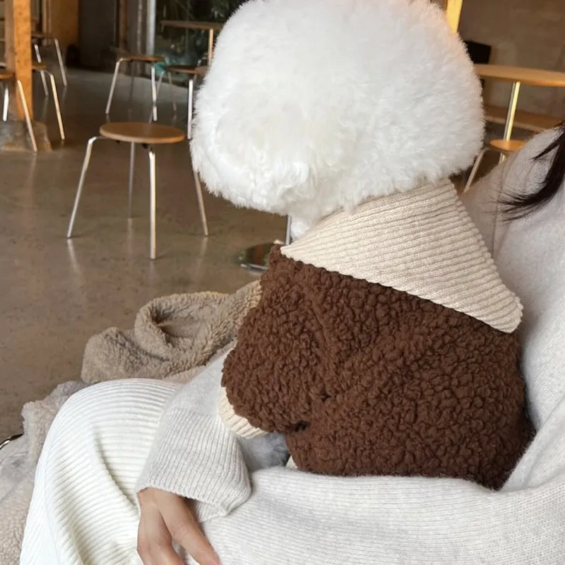 Pet Autumn and Winter Hooded Contrasting Coat Thickened Warm Dog Lambskin Coat Teddy Bear Dog Clothes for Small Dogs Puppy