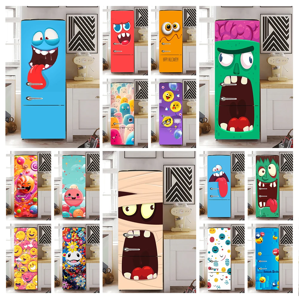 

Funny Cartoon Facial Expressions Fridge Door Decals Kitchen Wallpaper Grimacing Expression Refrigerator Modeling Art Stickers