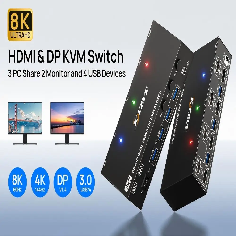 

4K@144Hz KVM Switch 2 Monitors 3 Computers 8K@60Hz,HDMI Displayport Dual Monitor KVM Switch with 4 USB 3.0 Port for Keyboard