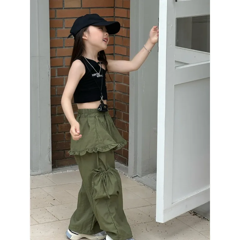 2025 Spring/Summer Autumn New Girl's Fake Two Piece Work Pants Skirt Children's Thin Skirt Waist Butt Curtain Cargo Pants