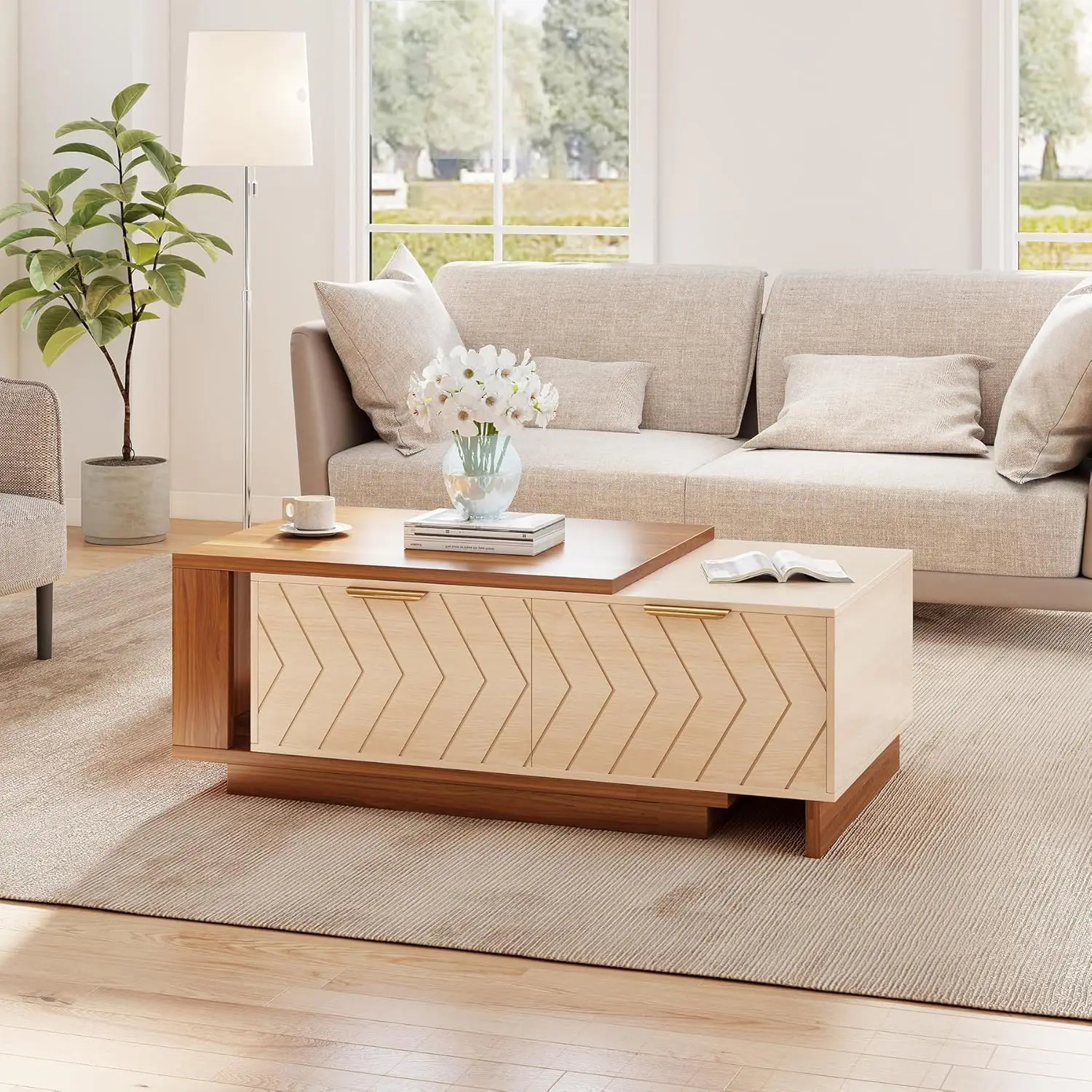 

Раздвижной журнальный столик с хранением, двусторонний, деревянный, 2 ящика, двухцветный, регулируемый, для гостиной, офиса, на заказ