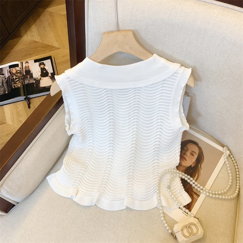 Sexy Korean Sweater Vests Women Summer Stylish Fashion Chic Ladies Tops Tees Sleeveless Single-breasted Bow Ruffles Knitwear