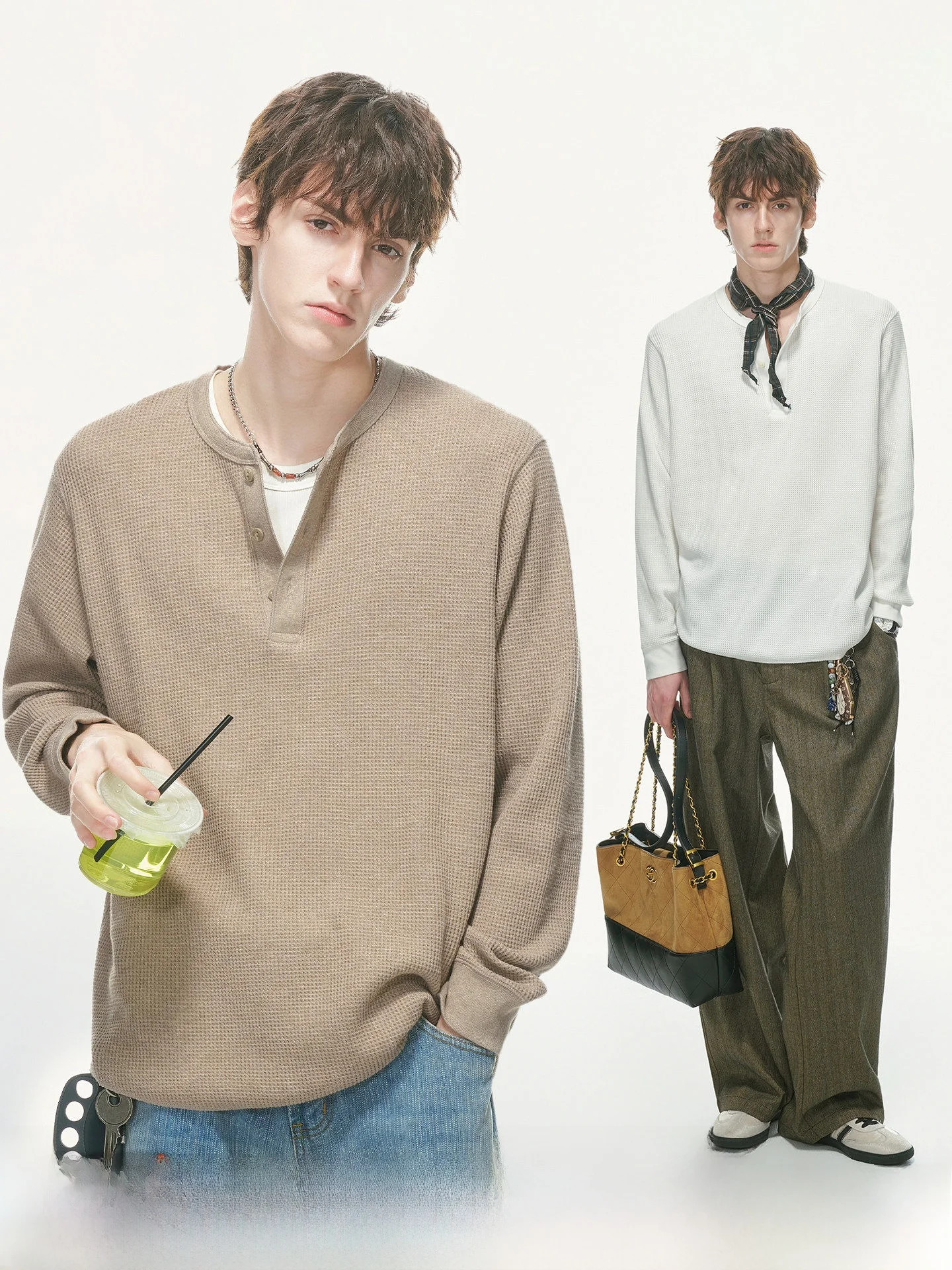 Dream Made Long Sleeve Henry Collar T-Shirt Men's Autumn Commute Base Layer Top Knitted Loose Fit Universal Size Youth Trend