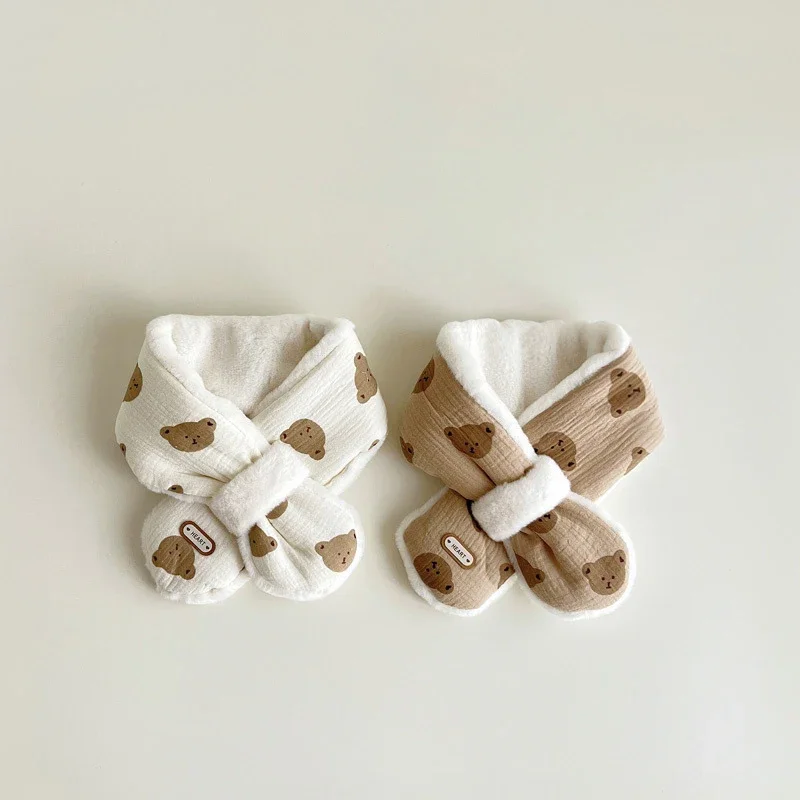 

Korean Bear Print Baby Scarf Winter Plush Cross Scarves For Kids Boys Girls Warm Neckerchief