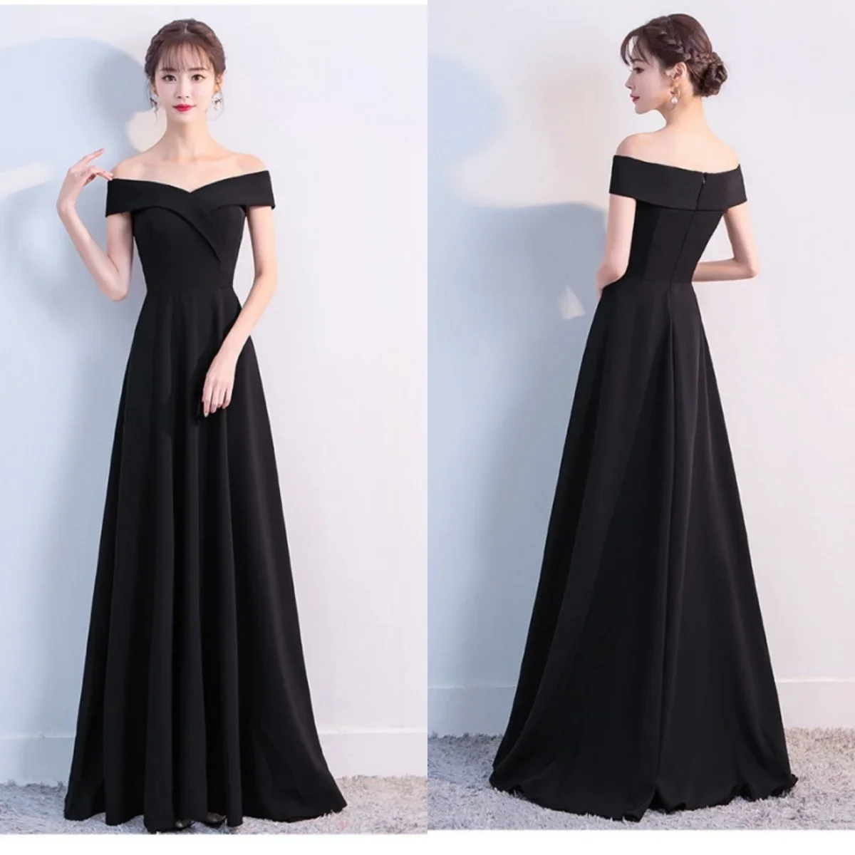 

Evening Dress Black Stretchy Pleat Off the Shoulder Zipper Back A-line Floor Length Simple Women Party Formal Gowns YE021