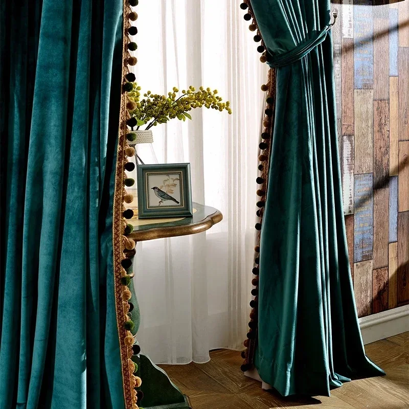 European Velvet Luxury Curtains for Living Room Bedroom Multi-color Solid Tassel Pom Pom Window Modern Minimalist Custom